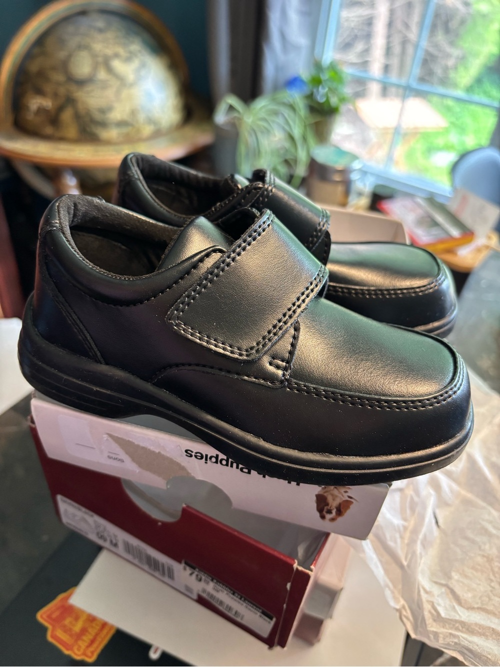 HUSH PUPPIES Kids Black Leather Shoes with Velcro Strap